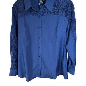 LIV Los Angeles Lace Panel Button Down Blouse Shirt Top Navy Blue L